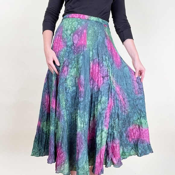 Vintage 100% Silk High Rise Boho Midi Skirt Flowy Mermaid Tie Dye Bohemian Drape - Picture 1 of 6